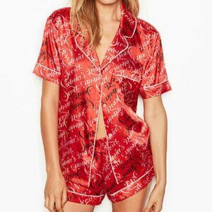 Red Victoria's Secret Script Satin Boxer PJ SET S
